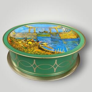 Sunshine Biscuits Van Gogh Art Tin 13.5" Green Gold Storage Box Midcentury
